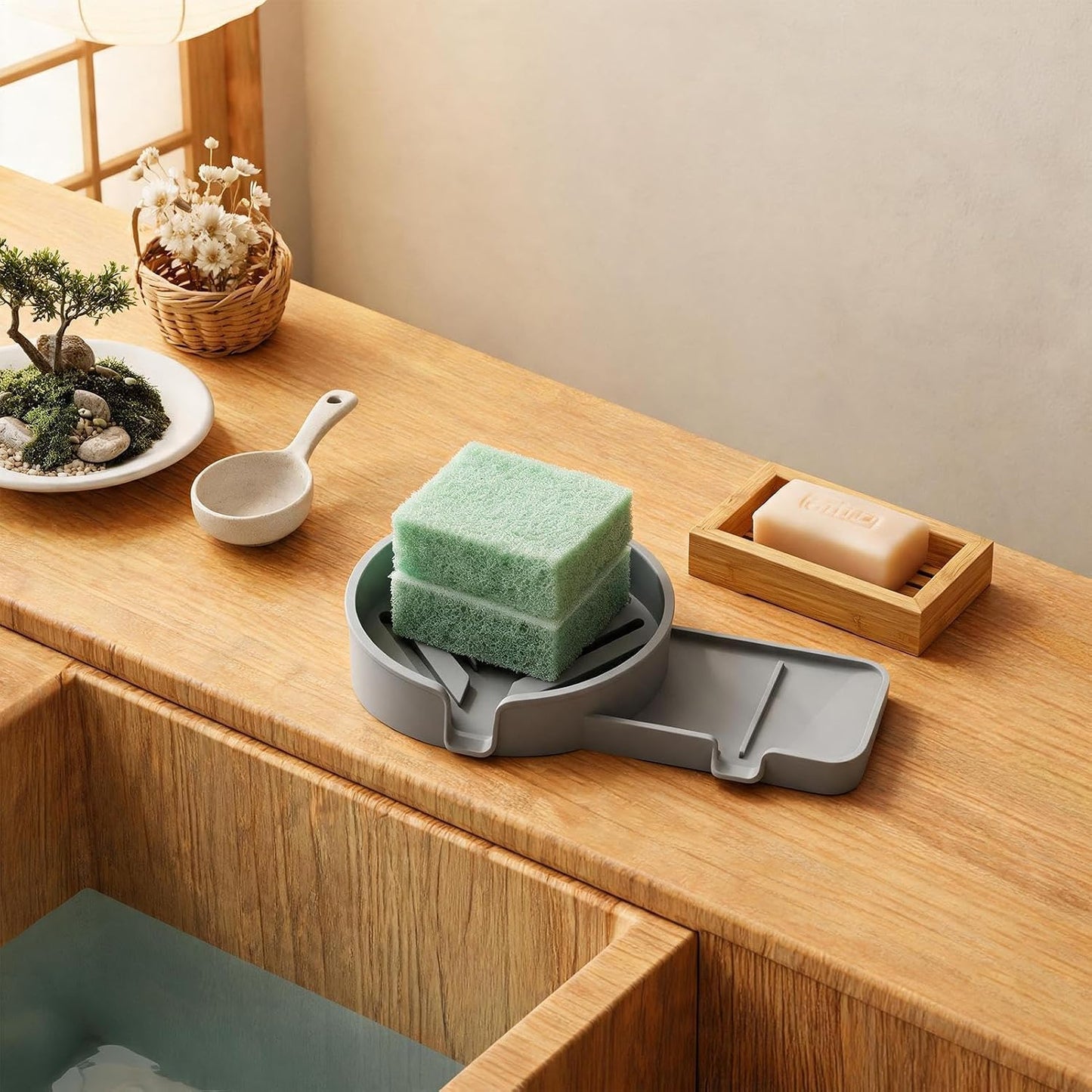 Sponge Holder for Sink Non-Slip Self-Draining Silicone Storage Tray | Kitchen Sink Dish Soap Holder for Utensil Drain Organizer Counter Cleaning Home Apartment Shower
